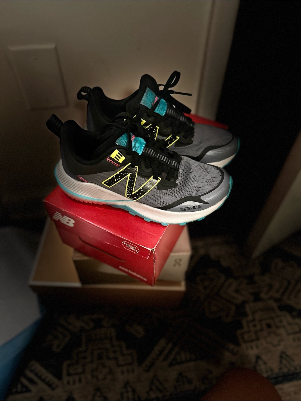 New Balance Kids Gray Sneakers with Teal & Neon Yellow Accents